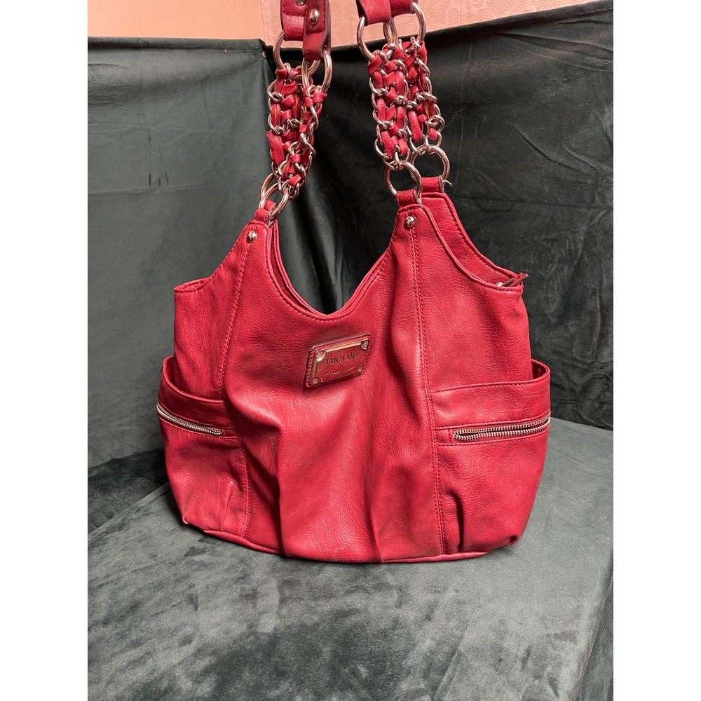 Nicole by Nicole Miller Red Faux Leather Hobo Bag Silver Chain Braided Straps